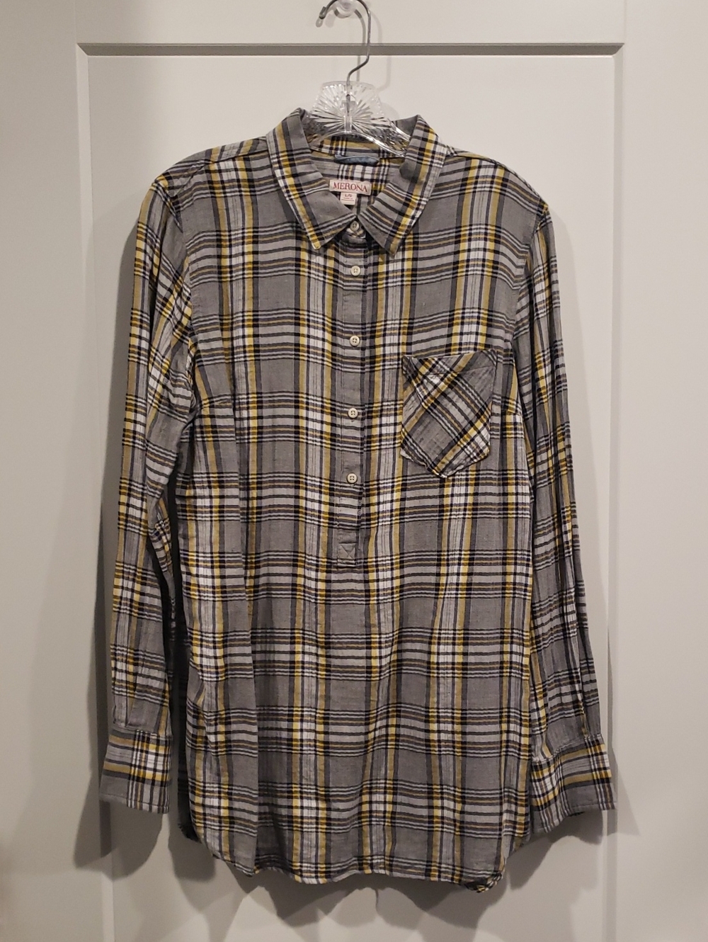 Merona Gray and Yellow Plaid Long-Sleeve Button-Up Shirt